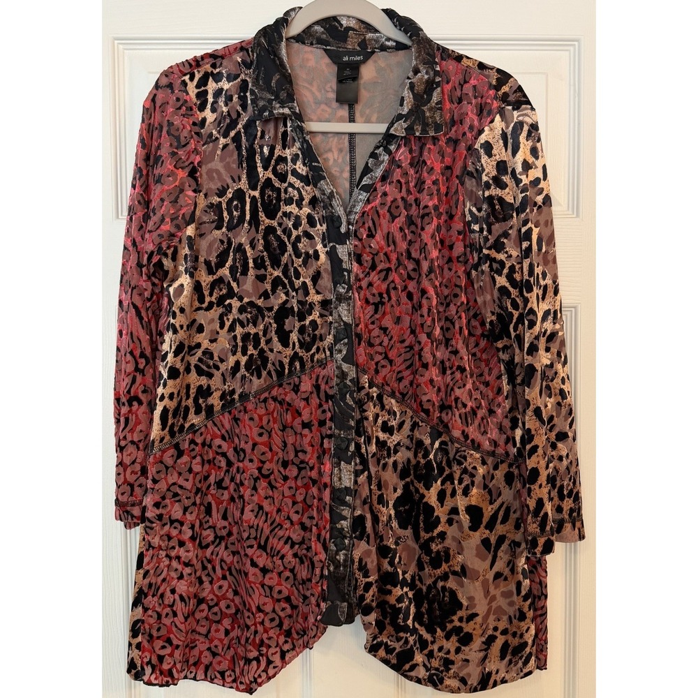 Ali Miles Med Blouse Velvet Burnout Button‎ Up Animal Leopard Boho Art To Wear